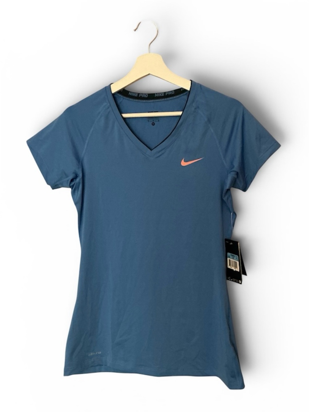 Nike - NWT - Women’s V-Neck Short Sleeve Tee — Blue with Light Orange Swoosh